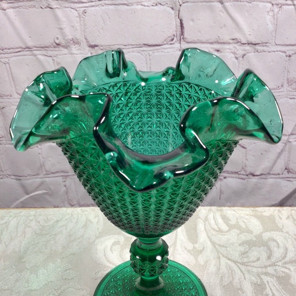 Vintage Diamond Cut Ruffled Edge Teal Pedestal Glass Candy Dish - Picture 2 of 8